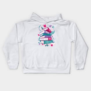 In life as in books dance with fairies, ride a unicorn, swim with mermaids, chase rainbows motivational quote // spot // pastel pink background fuchsia pink violet and teal books Kids Hoodie